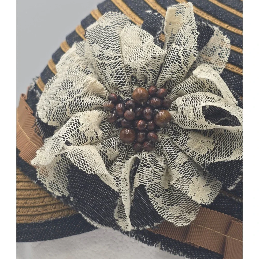 Grace Hats Cloche Newsboy Cap 57cm Blue Brown‎ Lace Flower Denim